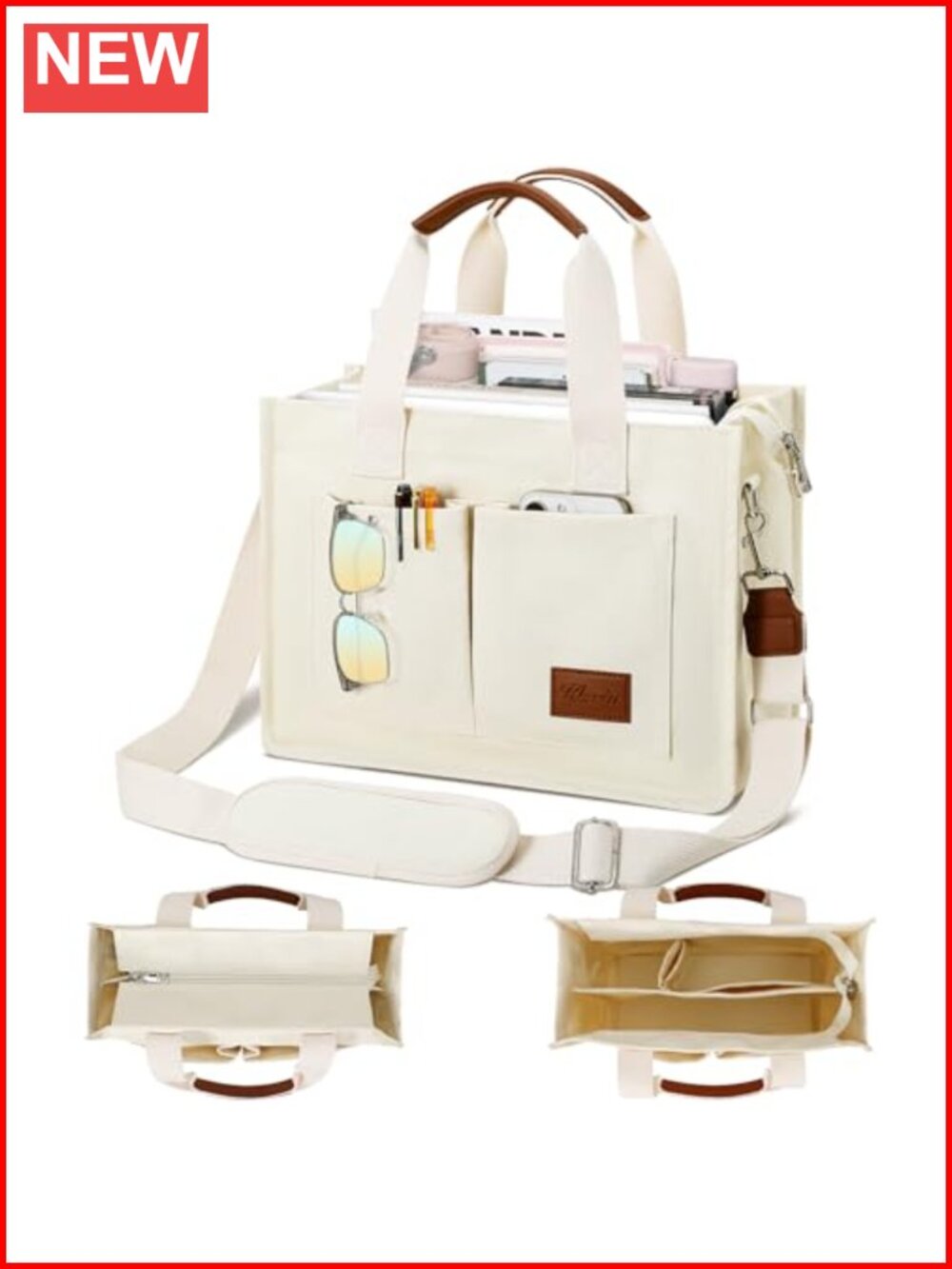 Large Canvas Tote Bag with Zipper Compartments for Work Bible Messenger Purse